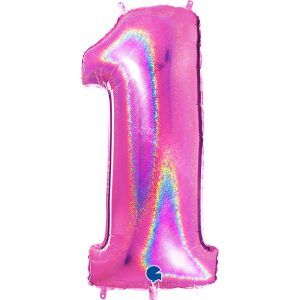 Ballon Géant Rose Fuchsia Paillette Holographic 101cm Chiffre 1 