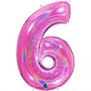 Ballon Géant Rose Fuchsia Paillette Holographic 101cm Chiffre 6 