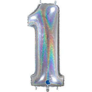 Grand Ballon Argent Paillette Holographic 66cm Chiffre 1 